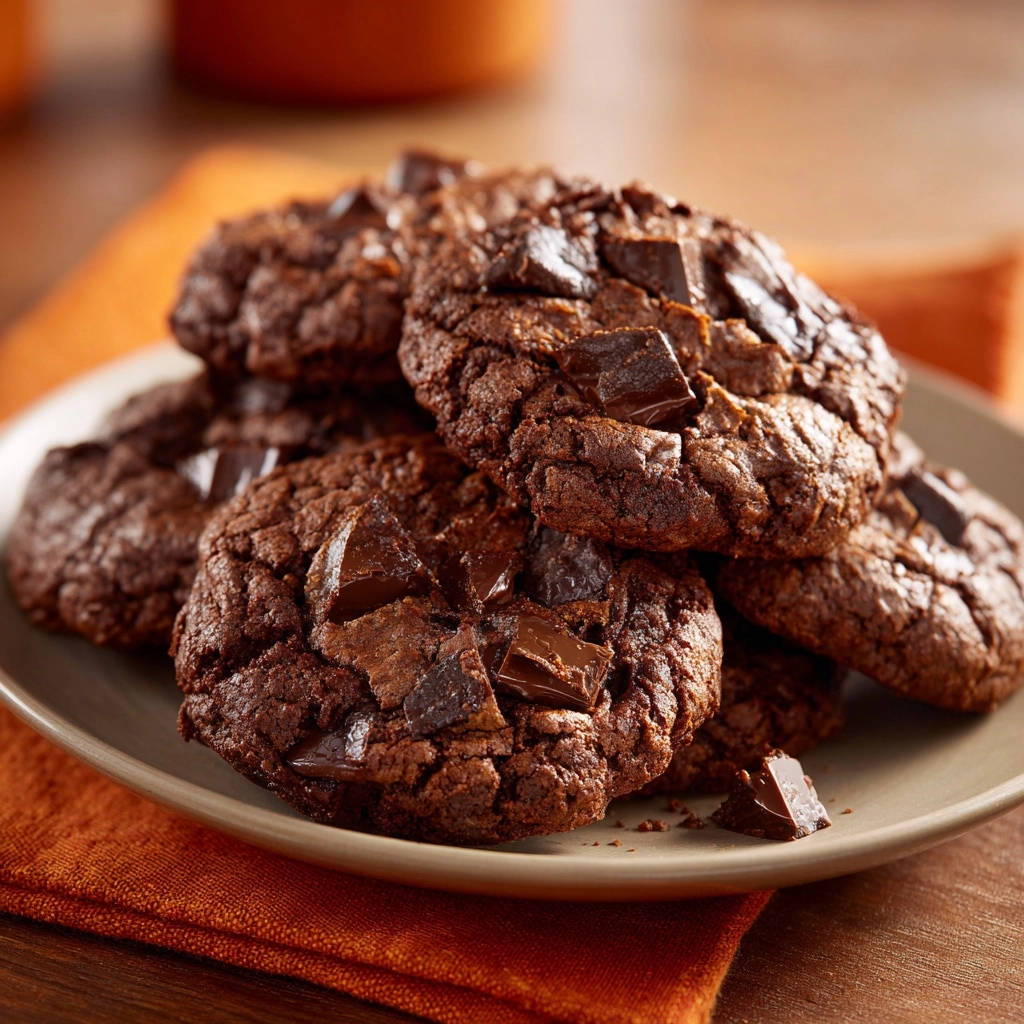 Ultimate fudge chocolate cookies with large chocolate chunks visible on top, presented on a plate.