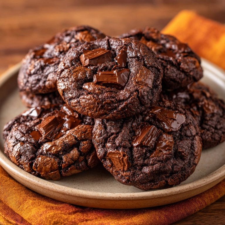 Ultimate fudge chocolate cookies with melted chocolate chunks visible in a close-up detail shot.
