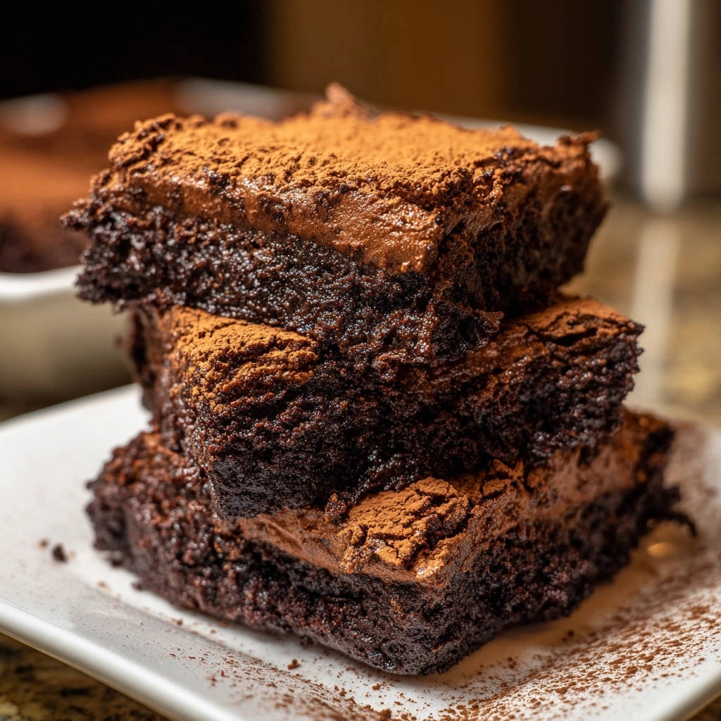 Ultimate fudgy brownies stacked high and dusted with cocoa powder, showing a rich chocolate texture.