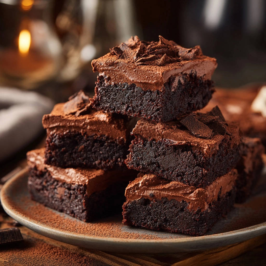 Ultimate fudgy brownies stacked decadently on a rustic plate, showcasing rich chocolate frosting and a dusting of cocoa.