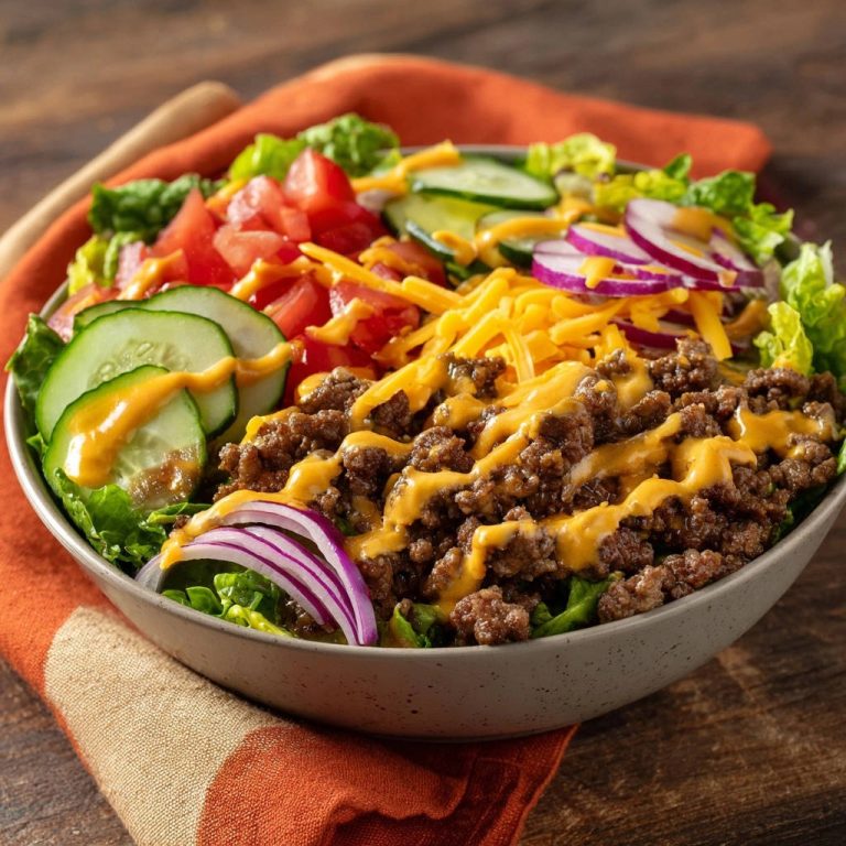 Ultimate ground beef salad with fresh lettuce, tomatoes, cucumbers, red onion, and cheese, drizzled with dressing.