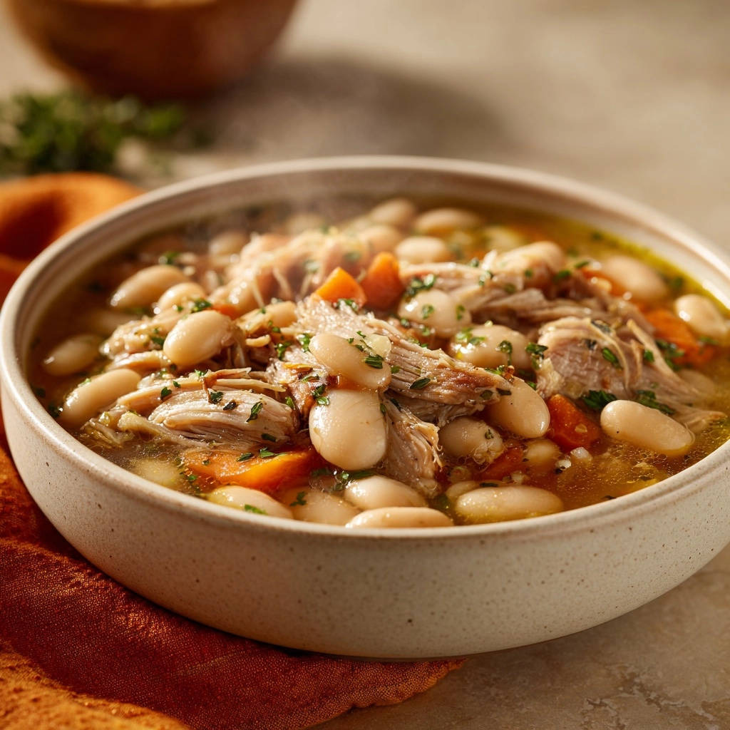 Hearty white bean and shredded chicken stew shown in a rustic bowl with steam rising, highlighting tender beans and shredded chicken.