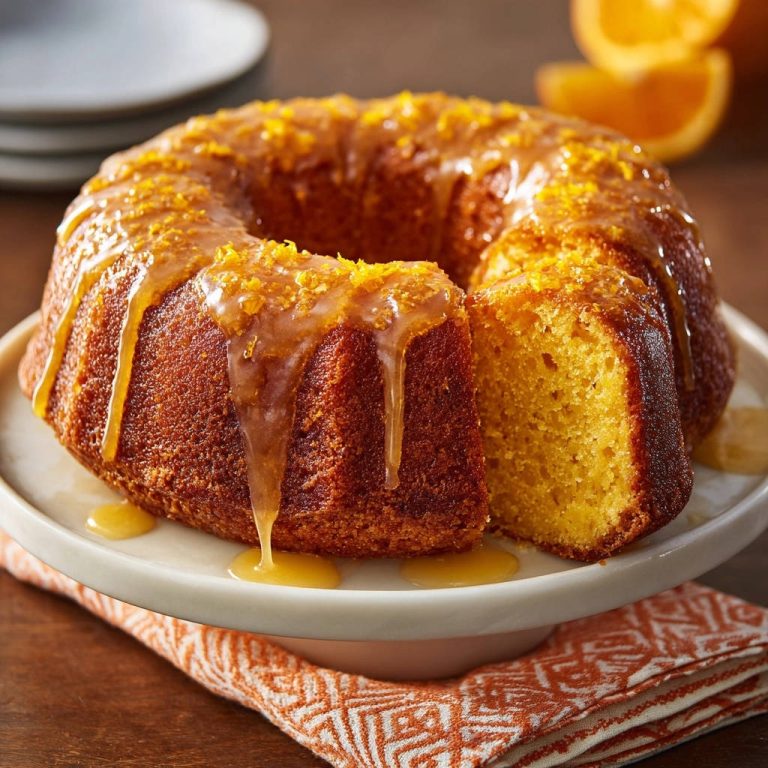 Zesty Orange Bundt Cake sliced on a cake stand, showing its moist interior and dripping orange glaze.