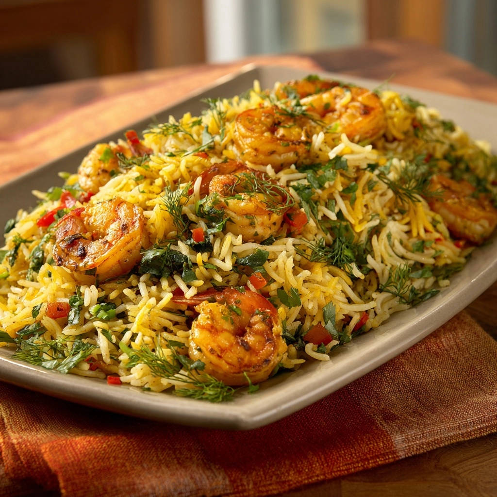 Zesty shrimp and herb rice plated closely, showcasing tender shrimp and fluffy rice with fresh herbs.