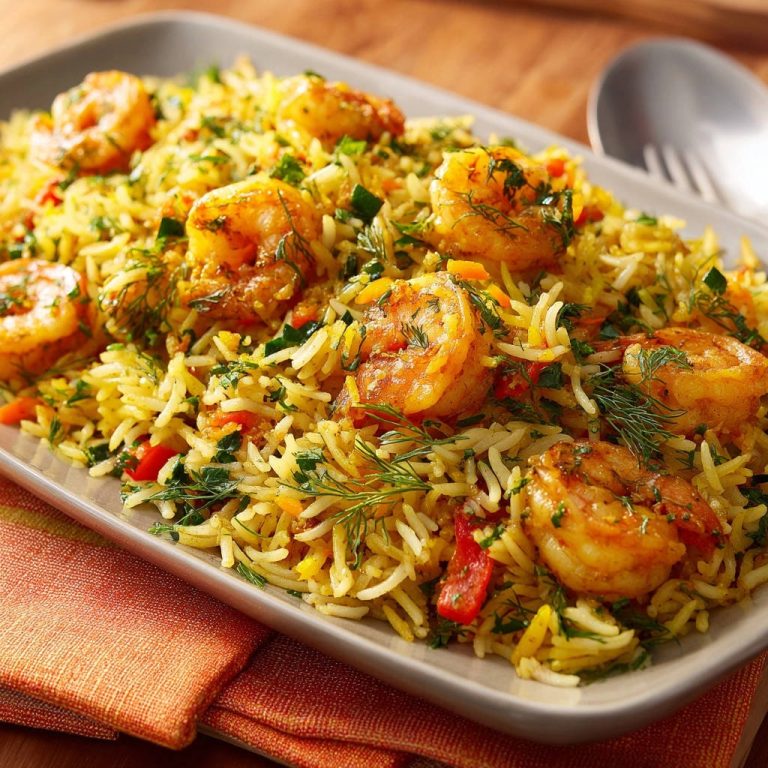 Zesty shrimp & herb rice served on a platter, showcasing tender shrimp and fluffy rice with fresh herbs.