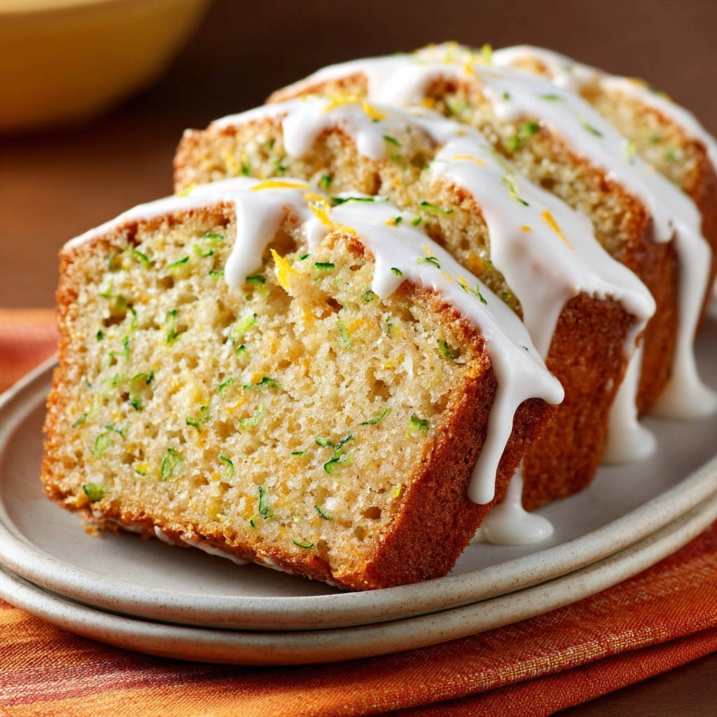 Zucchini bread with lemon glaze, shown sliced on a platter with a close-up view of the moist interior texture.