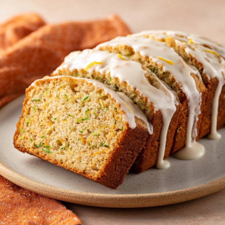 Zucchini bread with lemon glaze, sliced to reveal a moist interior with visible zucchini shreds.