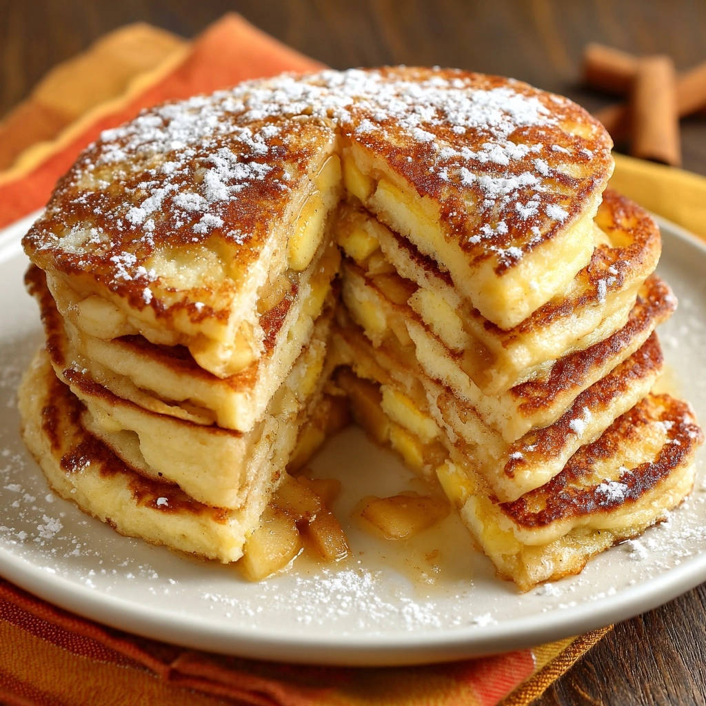 Apple pie pancakes shown in a cross-section, dusted with powdered sugar, revealing layers of apple filling.