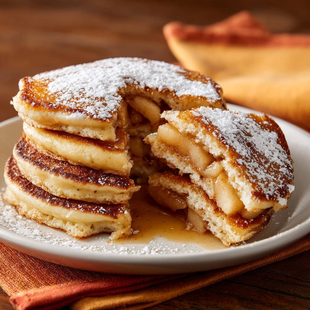 Apple pie pancakes cut open to reveal the warm apple filling and dusted with powdered sugar.