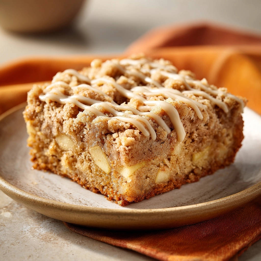 Apple streusel coffee cake plated slice showing crumb topping and moist interior with drizzled icing.
