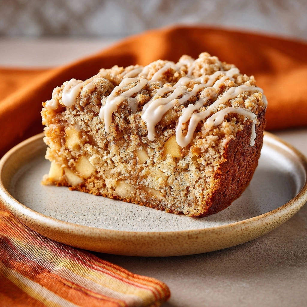Apple streusel coffee cake slice with crumb topping and drizzled glaze on a plate.