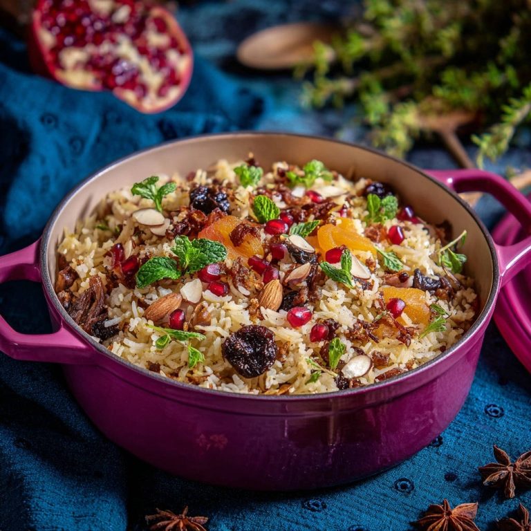 Aromatic jeweled rice is generously garnished with pomegranate seeds, dried apricots, almonds, and fresh mint leaves in a purple pot.