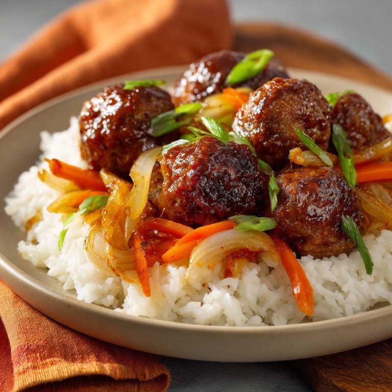 Asian glazed meatballs served over white rice with sautéed onions and carrots, shown in a close-up view.