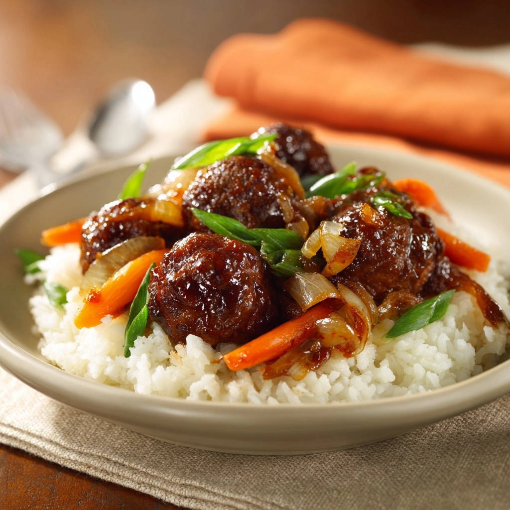Asian glazed meatballs in a glossy sauce served over white rice with carrots and green onions.