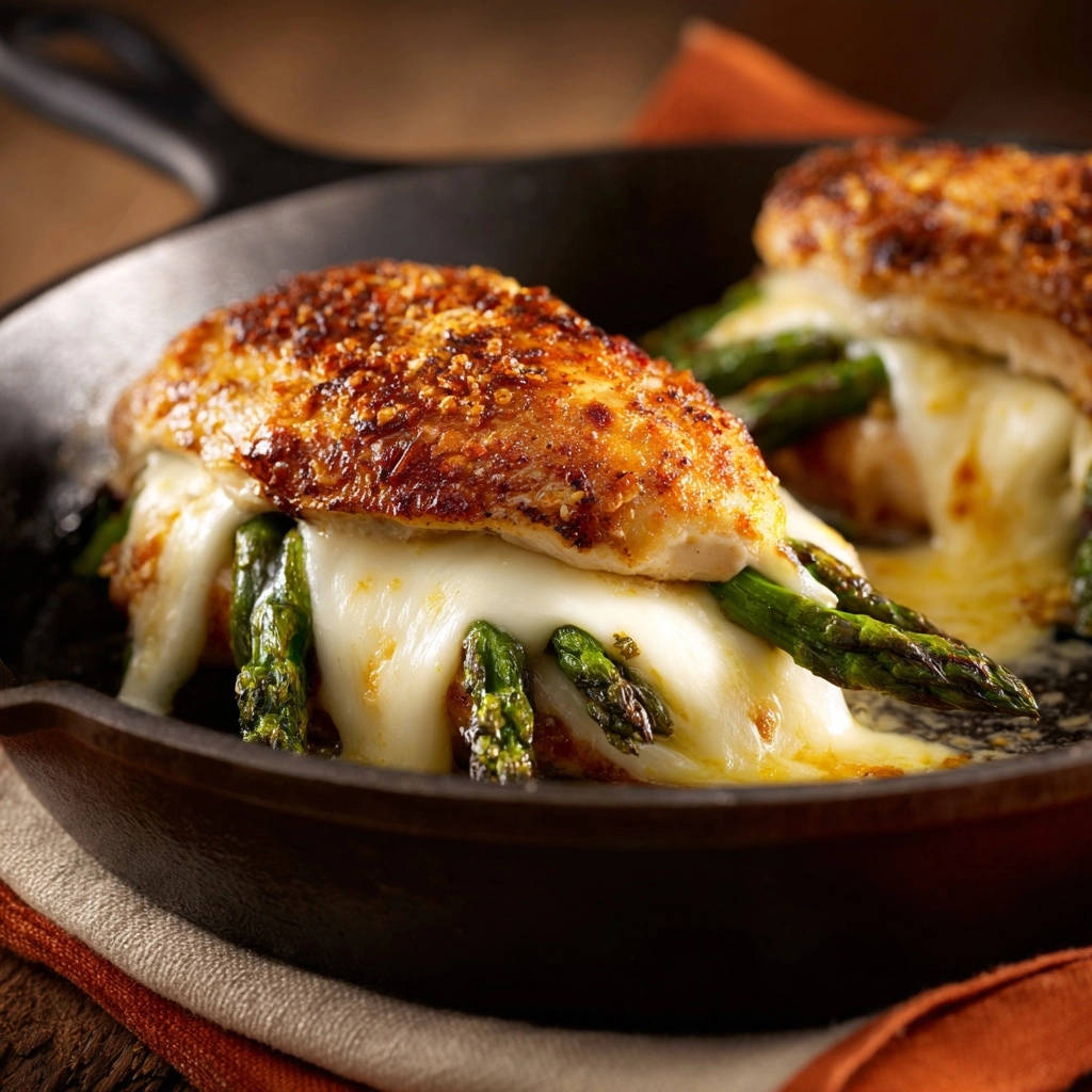 Asparagus and cheese stuffed chicken showing gooey melted cheese oozing out with cooked asparagus spears.