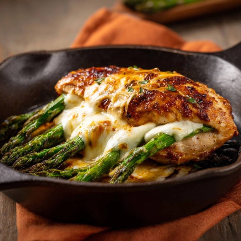 Asparagus and cheese stuffed chicken with melted mozzarella oozing out, served in a cast iron skillet.