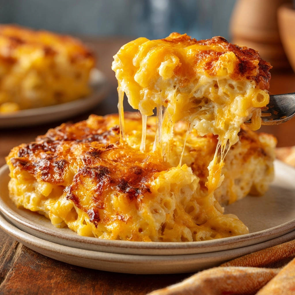 Classic baked mac & cheese with a gooey cheese pull captured on a fork, showing its irresistible texture.