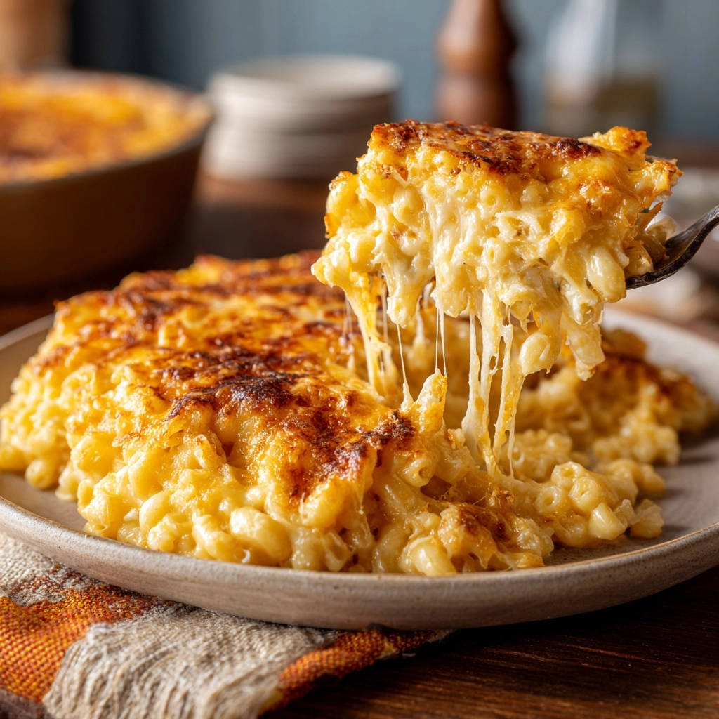 Classic baked mac & cheese with a gooey cheese pull, showcasing its creamy texture and golden-brown topping.
