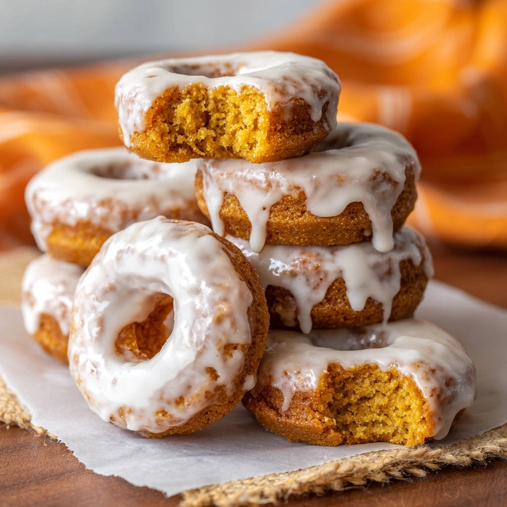 Baked pumpkin doughnuts stacked high with a glistening white glaze, showing a moist interior texture.