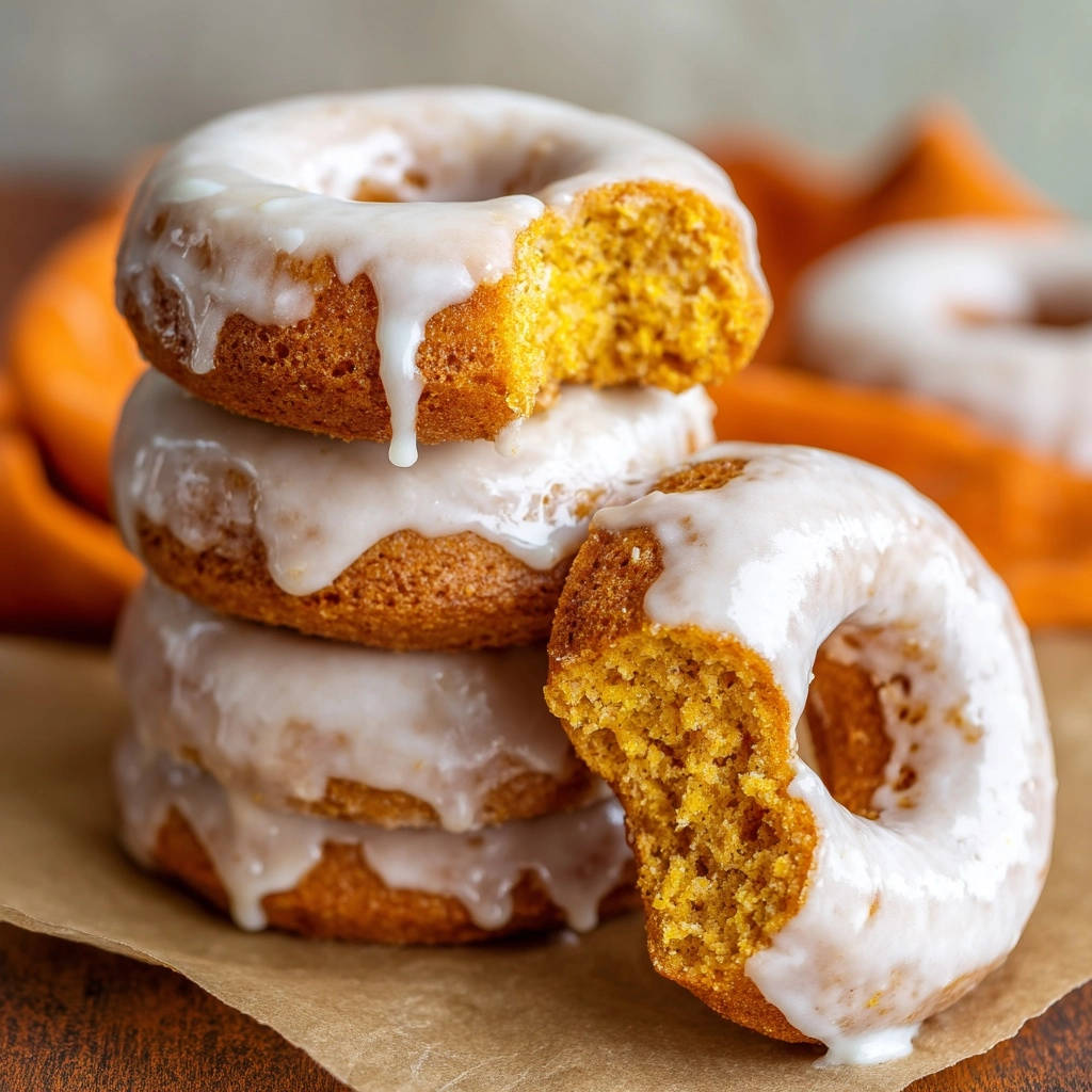 Baked pumpkin doughnuts stacked high with a thick white glaze dripping down the sides.