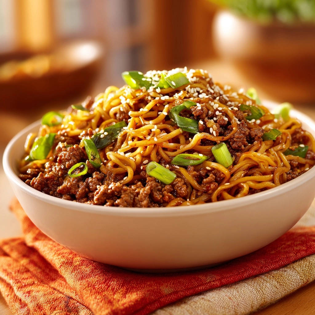 Beef Lo Mein, a flavorful noodle dish with ground beef and green onions, is generously sprinkled with sesame seeds.
