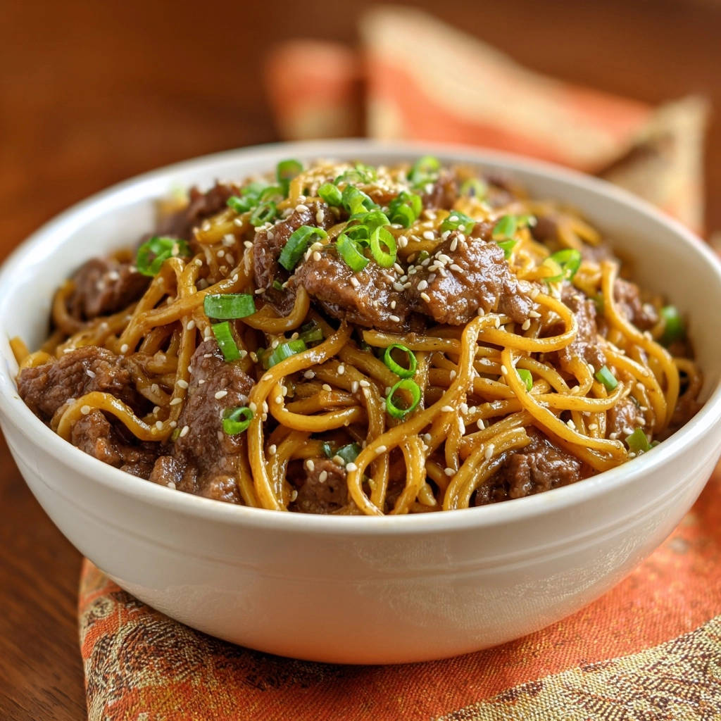 Beef lo mein with tender bites, garnished with fresh green onions and sesame seeds in a white bowl.