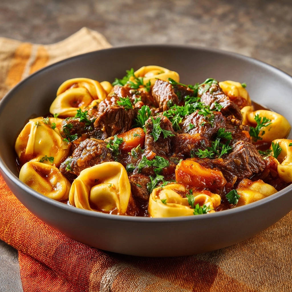 Hearty Beef & Tortellini Stew served in a dark bowl, showcasing tender beef chunks and pasta.