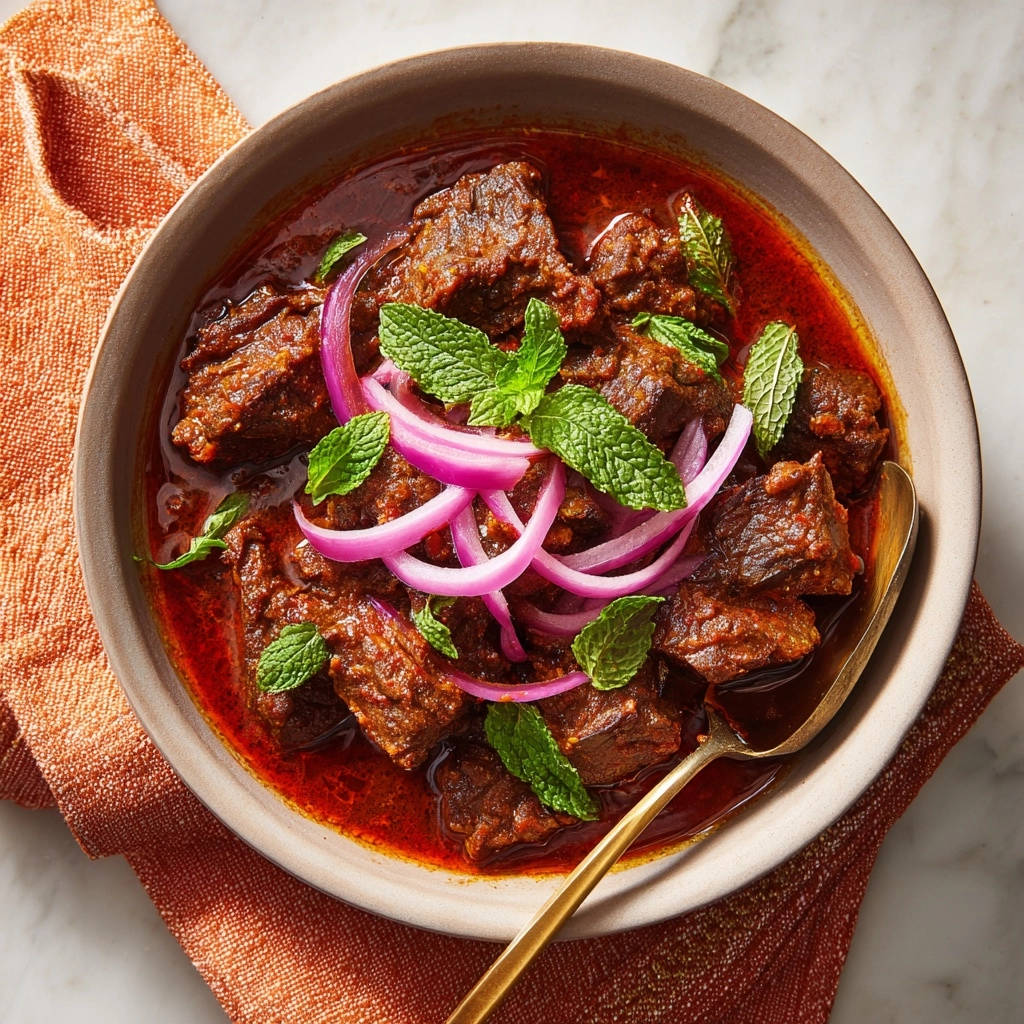 Rich braised beef in a deep red sauce, garnished with fresh mint and red onion rings, shown from an overhead angle.