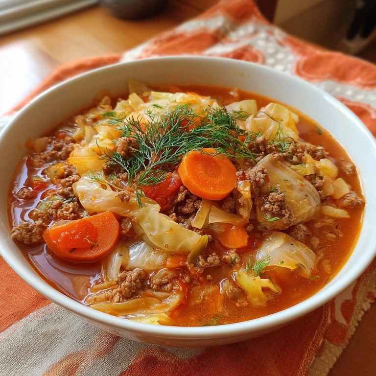 Hearty cabbage & beef soup shown in a white bowl, garnished with fresh dill and featuring tender beef and vegetables.