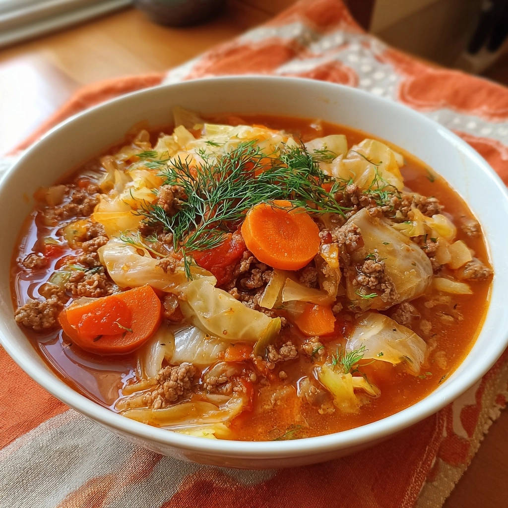 Hearty cabbage & beef soup shown in a white bowl, garnished with fresh dill and featuring tender beef and vegetables.