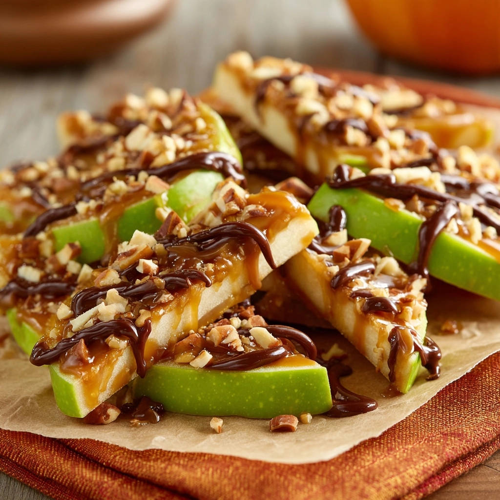 Caramel apple dream bars drizzled with chocolate sauce and sprinkled with chopped nuts, showcasing their fresh green apple slices.