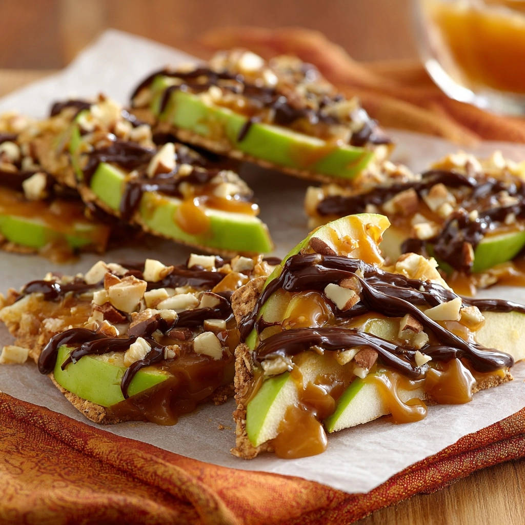 Caramel apple dream bars close-up slice showing layers of green apple, caramel, chocolate drizzle, and nuts.