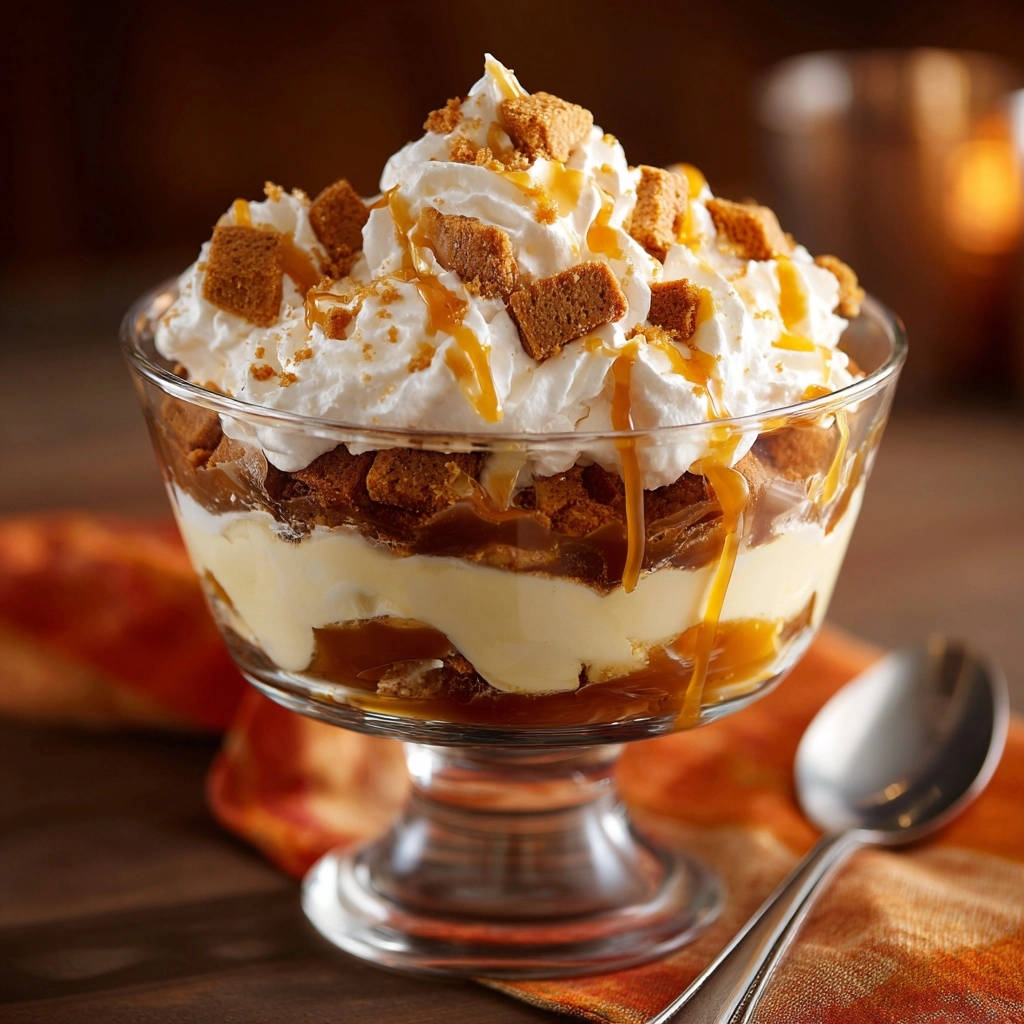 Decadent Caramel Cookie Trifle topped with fluffy whipped cream and drizzled caramel sauce.