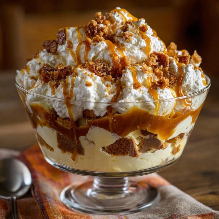 Decadent caramel cookie trifle with a generous topping of whipped cream, caramel drizzle, and cookie crumbles.