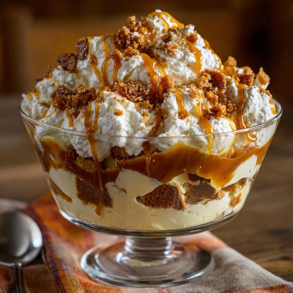 Decadent caramel cookie trifle with a generous topping of whipped cream, caramel drizzle, and cookie crumbles.