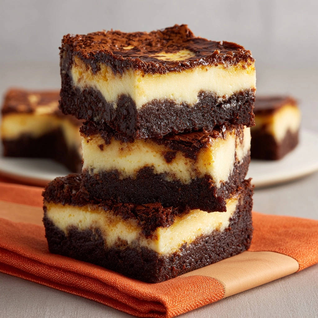 Decadent cheesecake brownies stacked to reveal a beautiful cross-section of rich chocolate and creamy cheesecake layers.