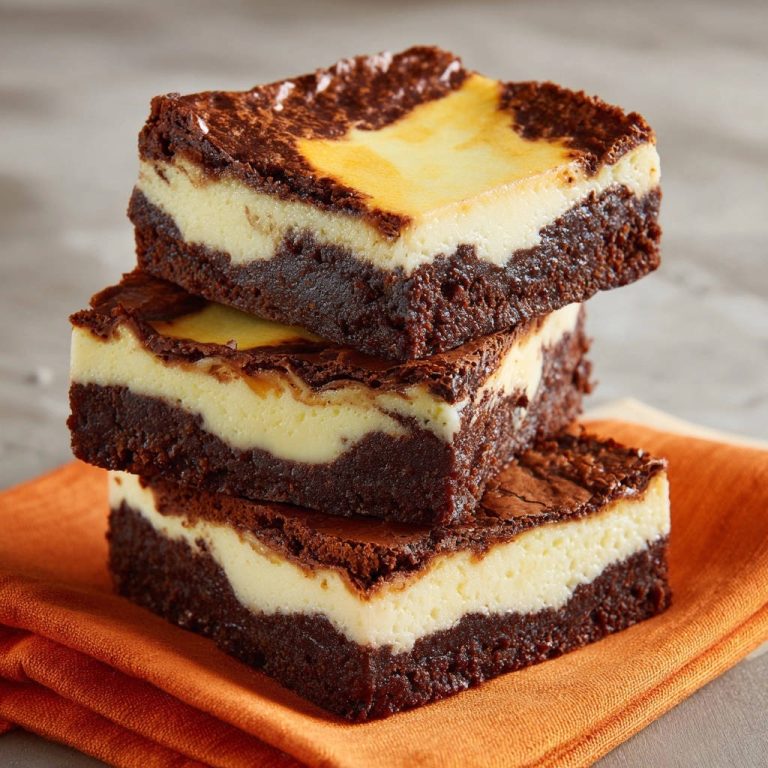 Decadent cheesecake brownies are stacked, showing a rich chocolate brownie base topped with creamy cheesecake in a close-up cross-section view.