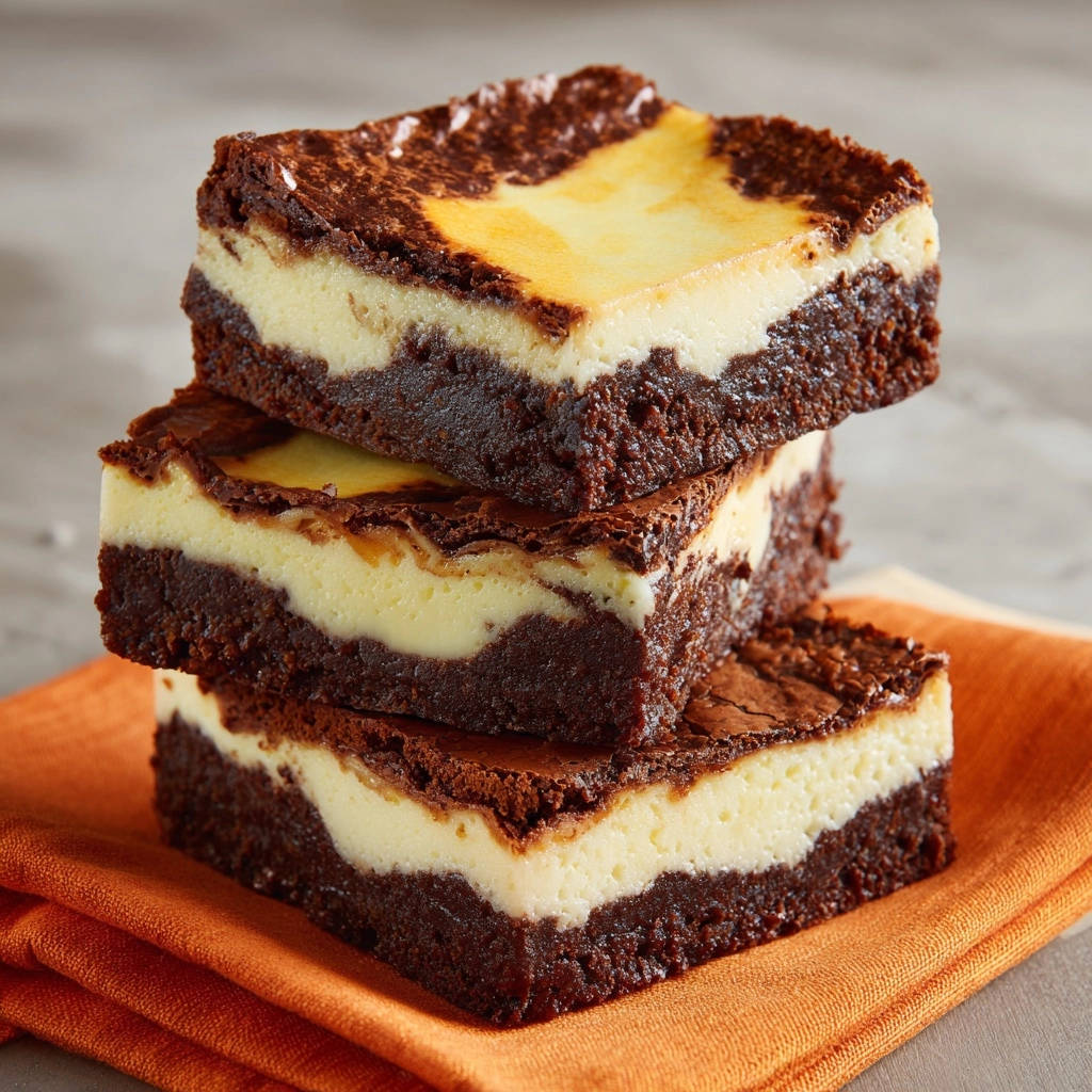 Decadent cheesecake brownies are stacked, showing a rich chocolate brownie base topped with creamy cheesecake in a close-up cross-section view.