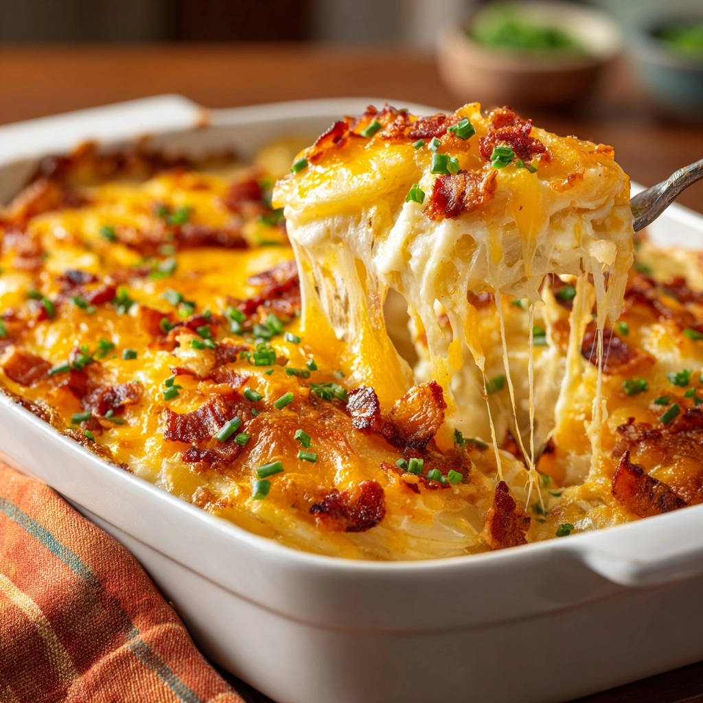 Cheesy bacon potato bake with a serving being lifted, showing a gooey cheese pull and fresh chives.