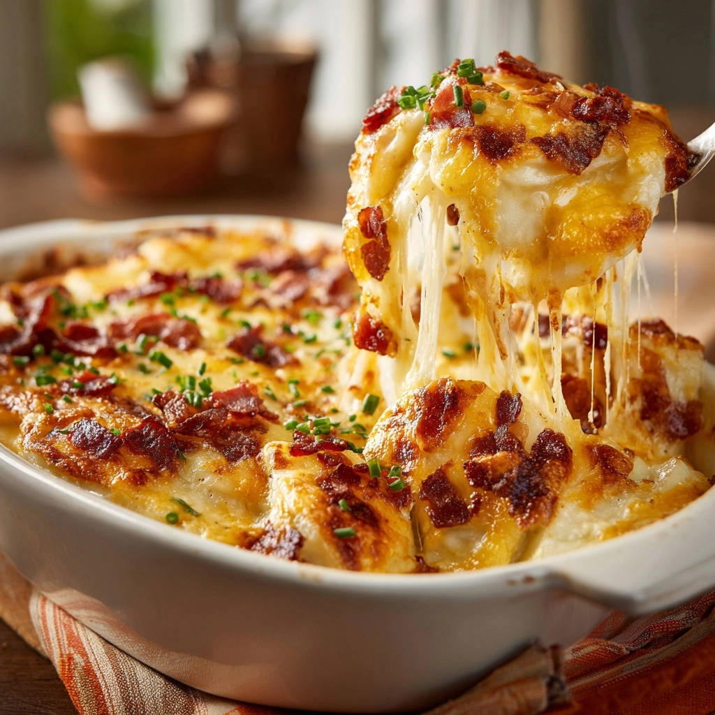 Cheesy bacon potato bake with a generous cheese pull, showcasing its creamy texture and crispy bacon topping.