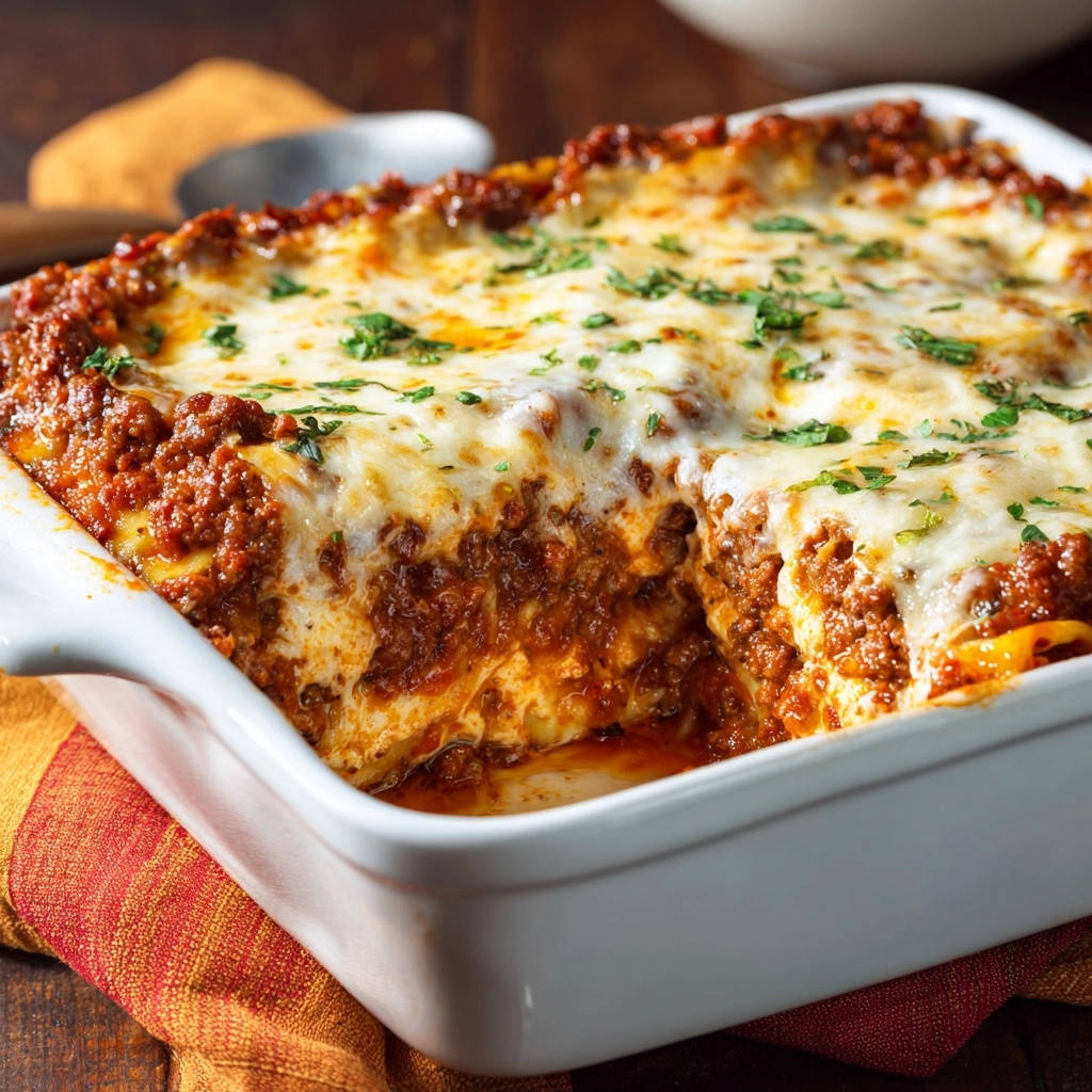 Cheesy baked lasagna showing a delicious cross-section slice with layers of meat sauce and melted cheese.