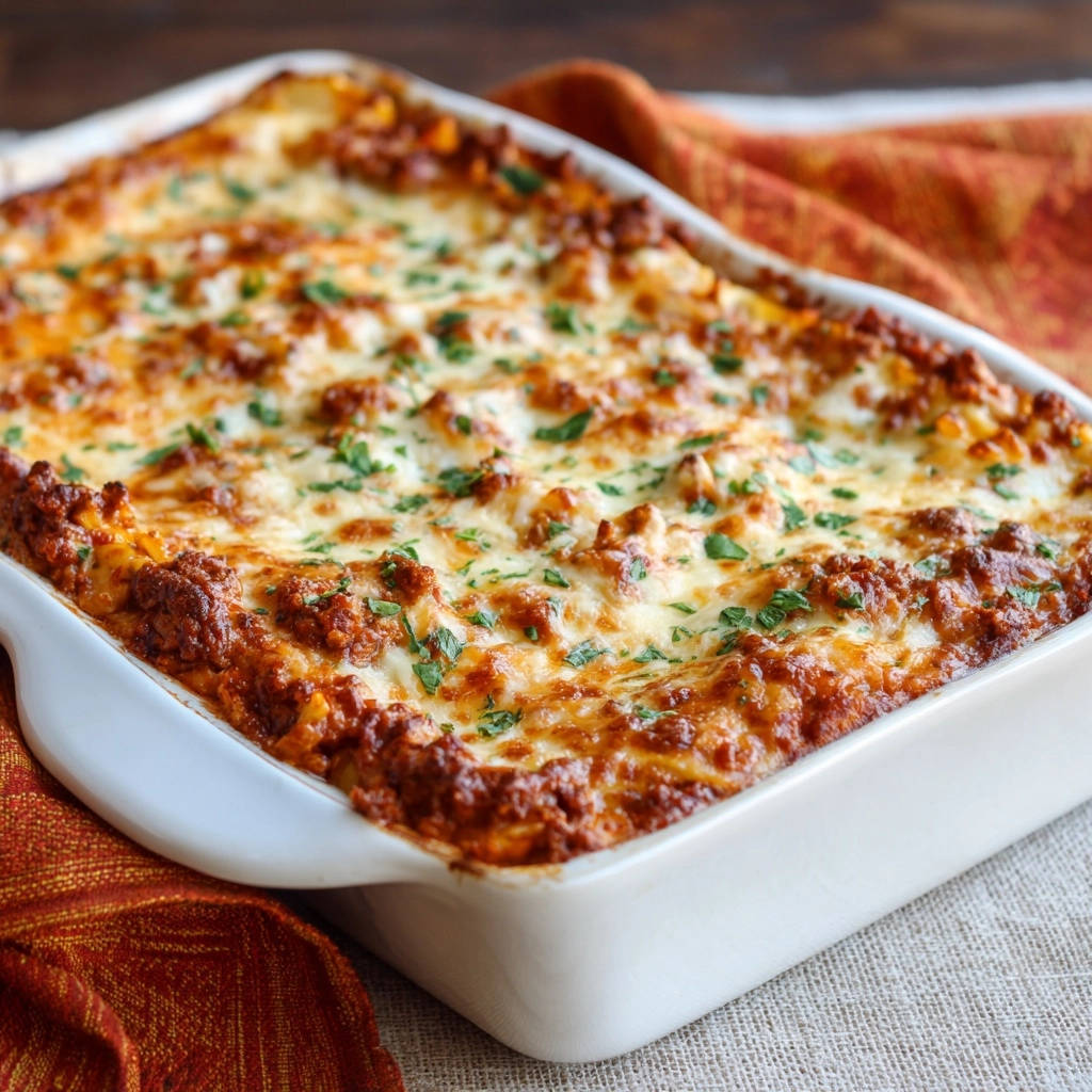 Cheesy baked lasagna in a white baking dish, freshly baked and garnished with parsley.