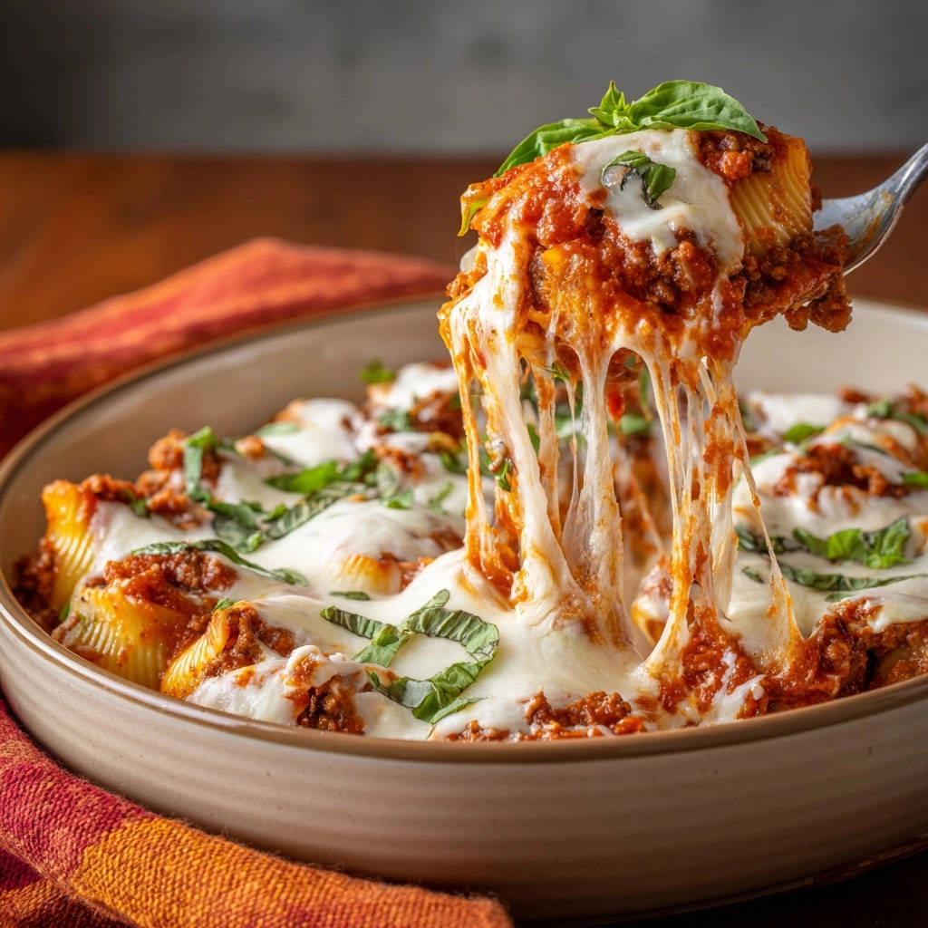 Cheesy baked stuffed shells with a fork pulling up gooey mozzarella cheese and a basil garnish.