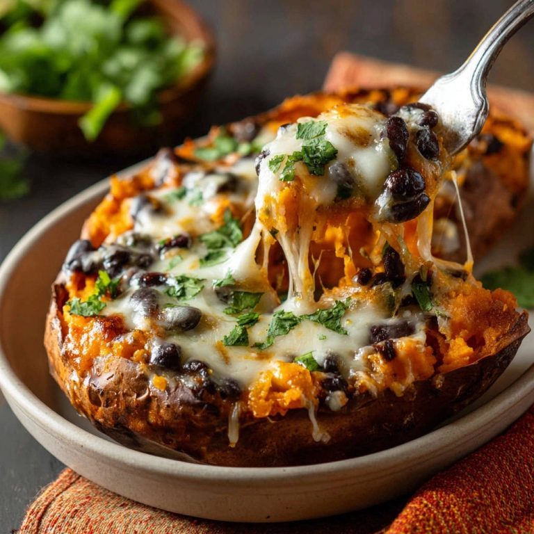 Cheesy black bean stuffed sweet potatoes, with a fork pulling out a stringy, cheesy bite.