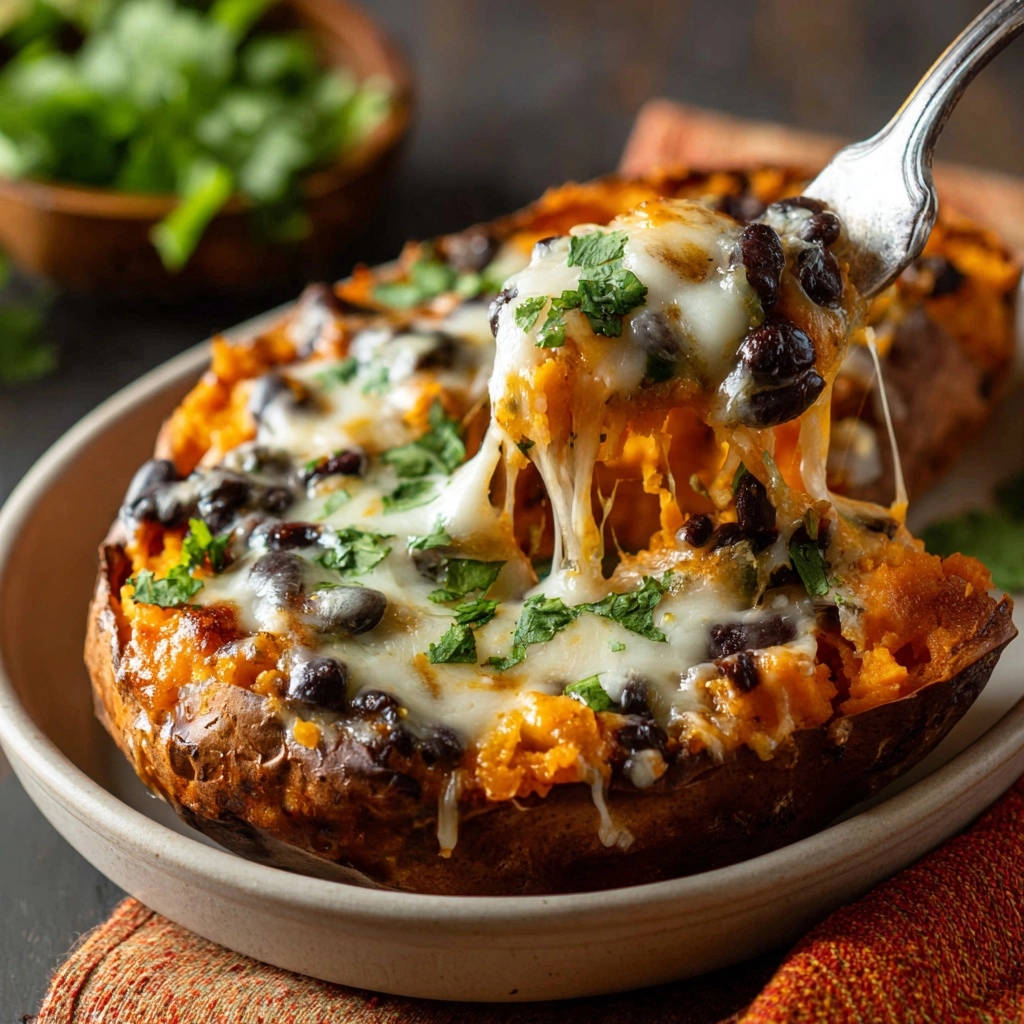 Cheesy black bean stuffed sweet potatoes, with a fork pulling out a stringy, cheesy bite.