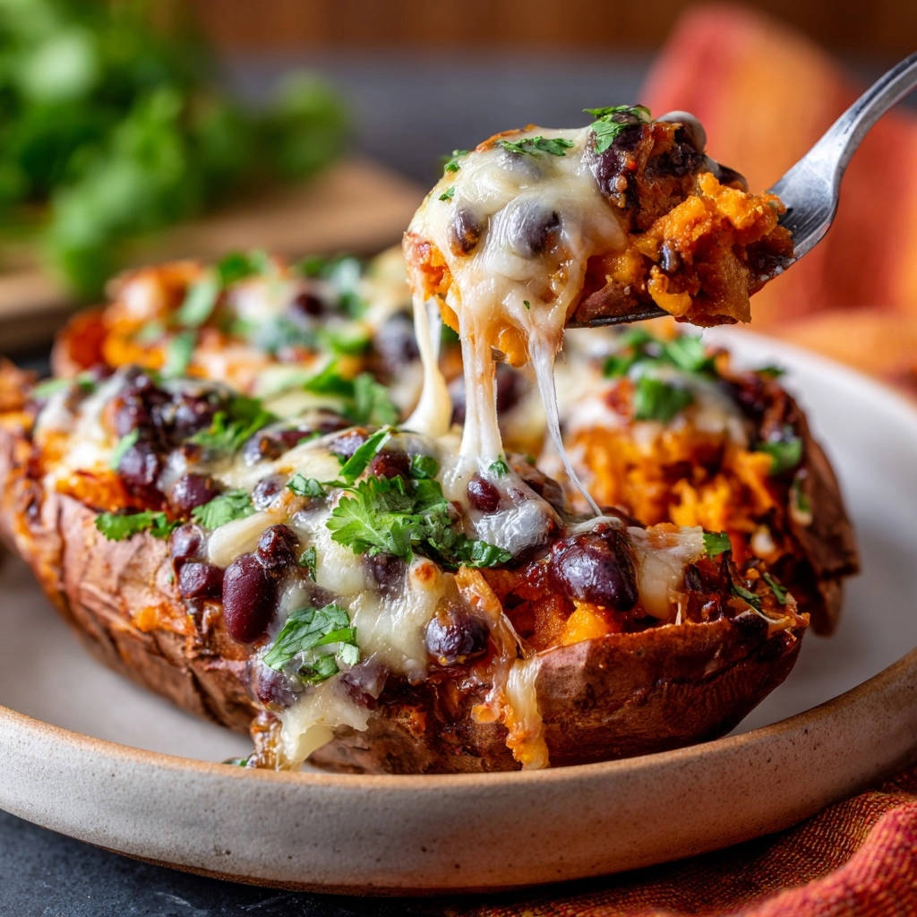 Cheesy black bean stuffed sweet potatoes with a forkful of melted cheese and fresh cilantro.