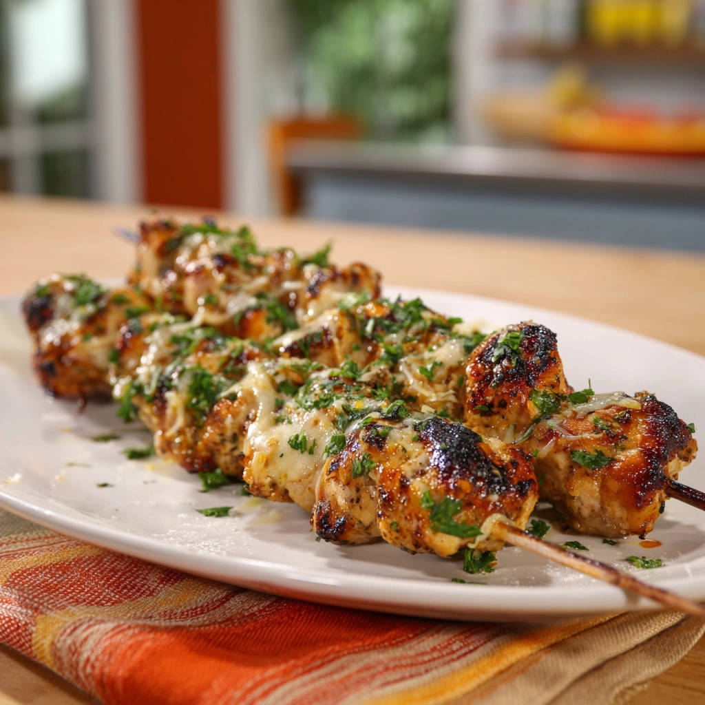Cheesy chicken skewers with melted cheese and parsley, presented on a white platter.