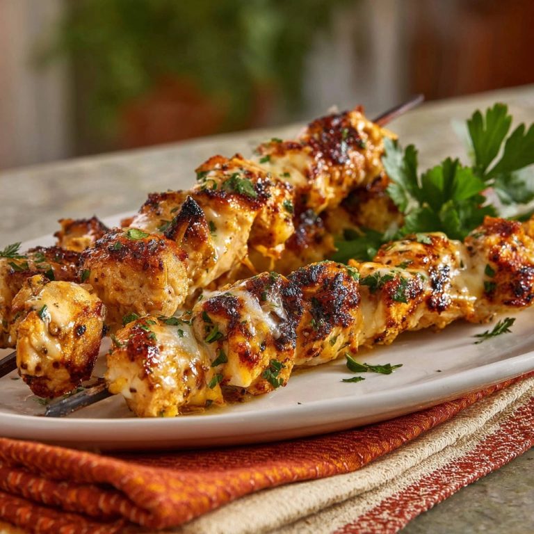 Cheesy chicken skewers shown close-up on a white plate, garnished with fresh parsley and glistening with sauce.