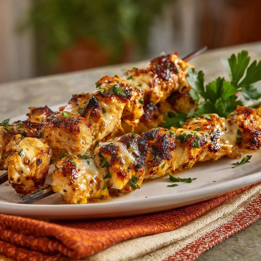 Cheesy chicken skewers shown close-up on a white plate, garnished with fresh parsley and glistening with sauce.