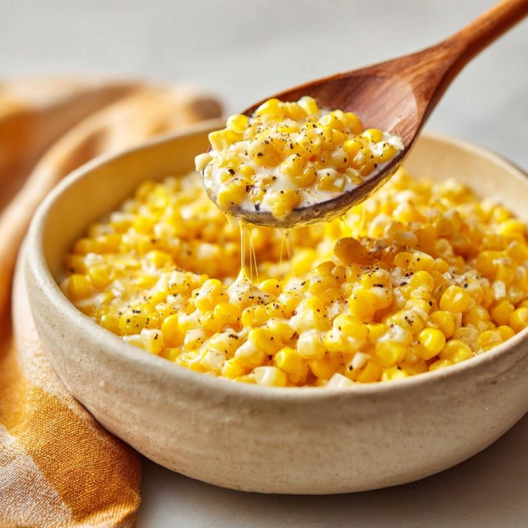Cheesy homestyle creamed corn with a spoonful being lifted, showing strings of melted cheese.